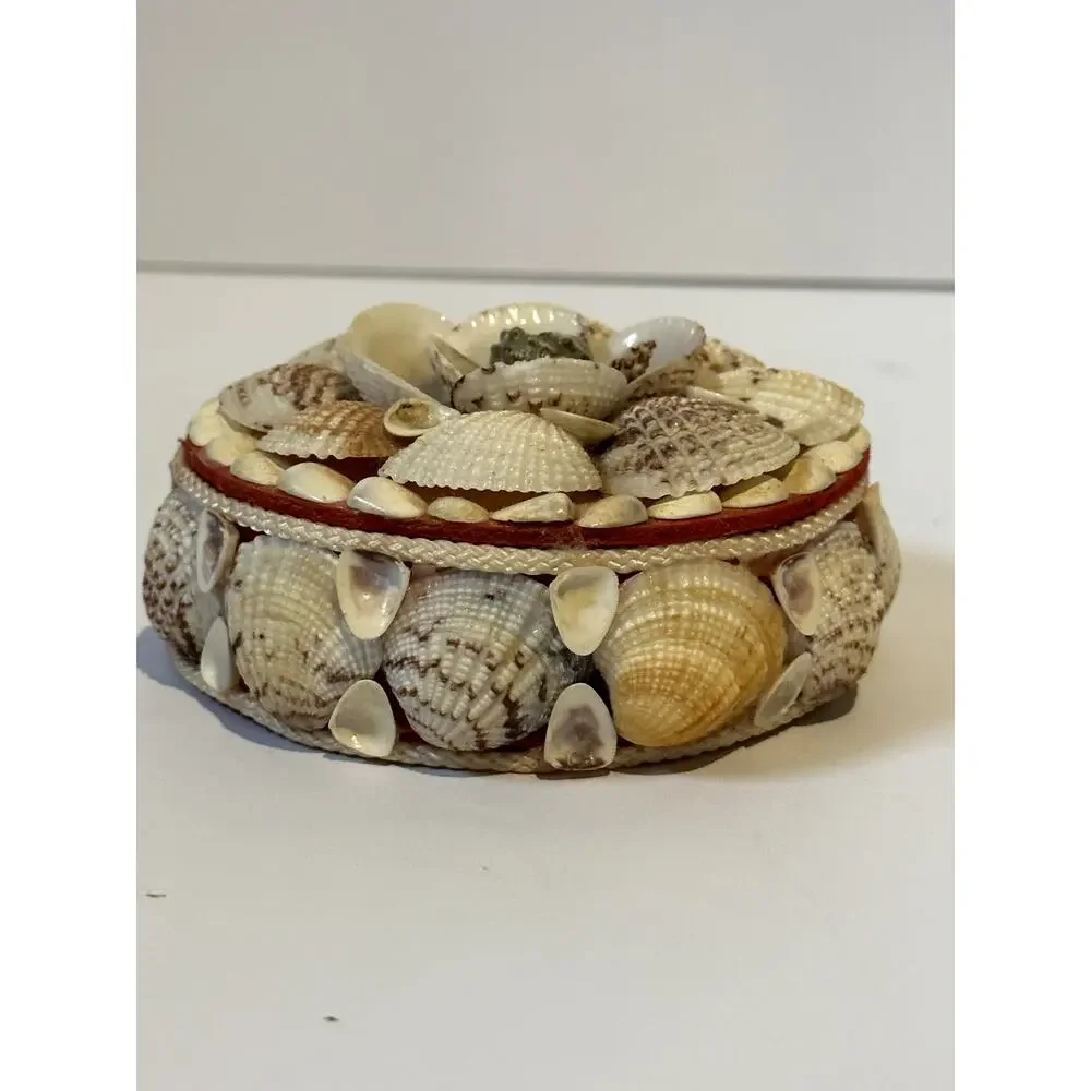 Vintage Seashell Round Trinket Box Red Lined Boho Beach Decore Small Flaws
